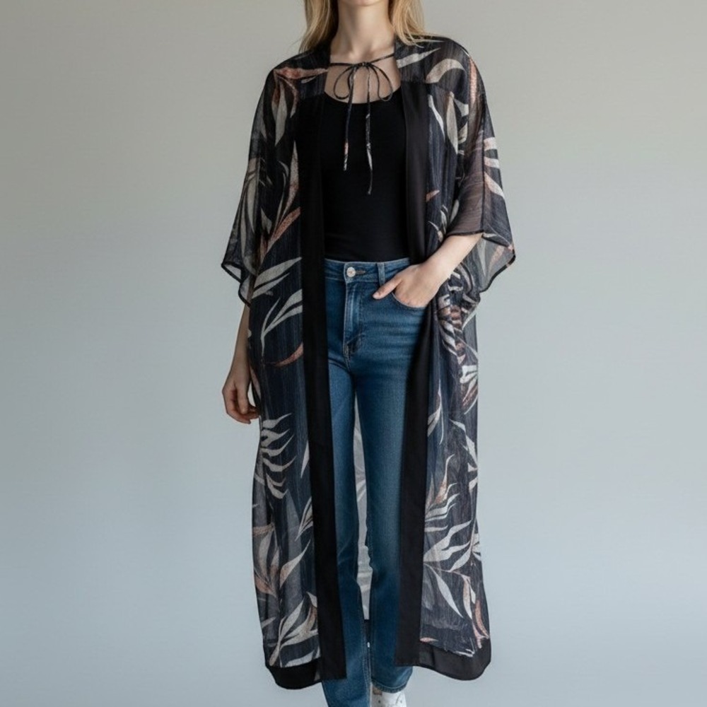 Vince Camuto Kimono Coverup Women OS Black Tropical Leaf Metallic Sheer NWT
